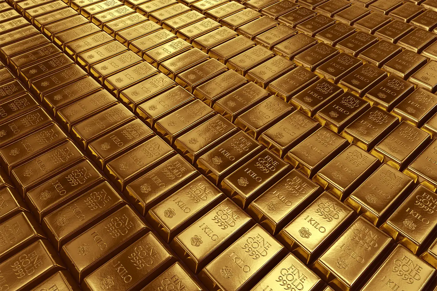 Rows of stamped one-kilogram fine gold bars