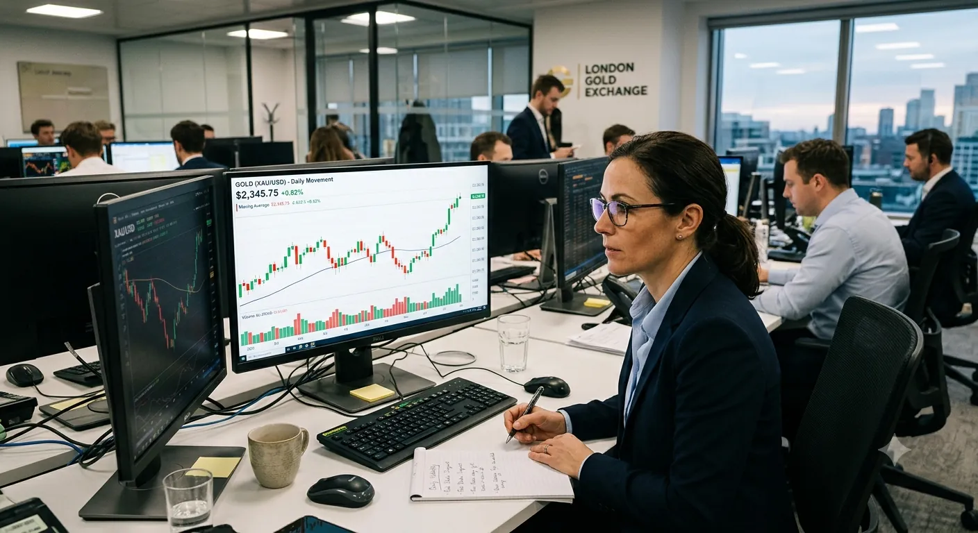 Traders monitoring gold price charts on multiple screens at a trading desk