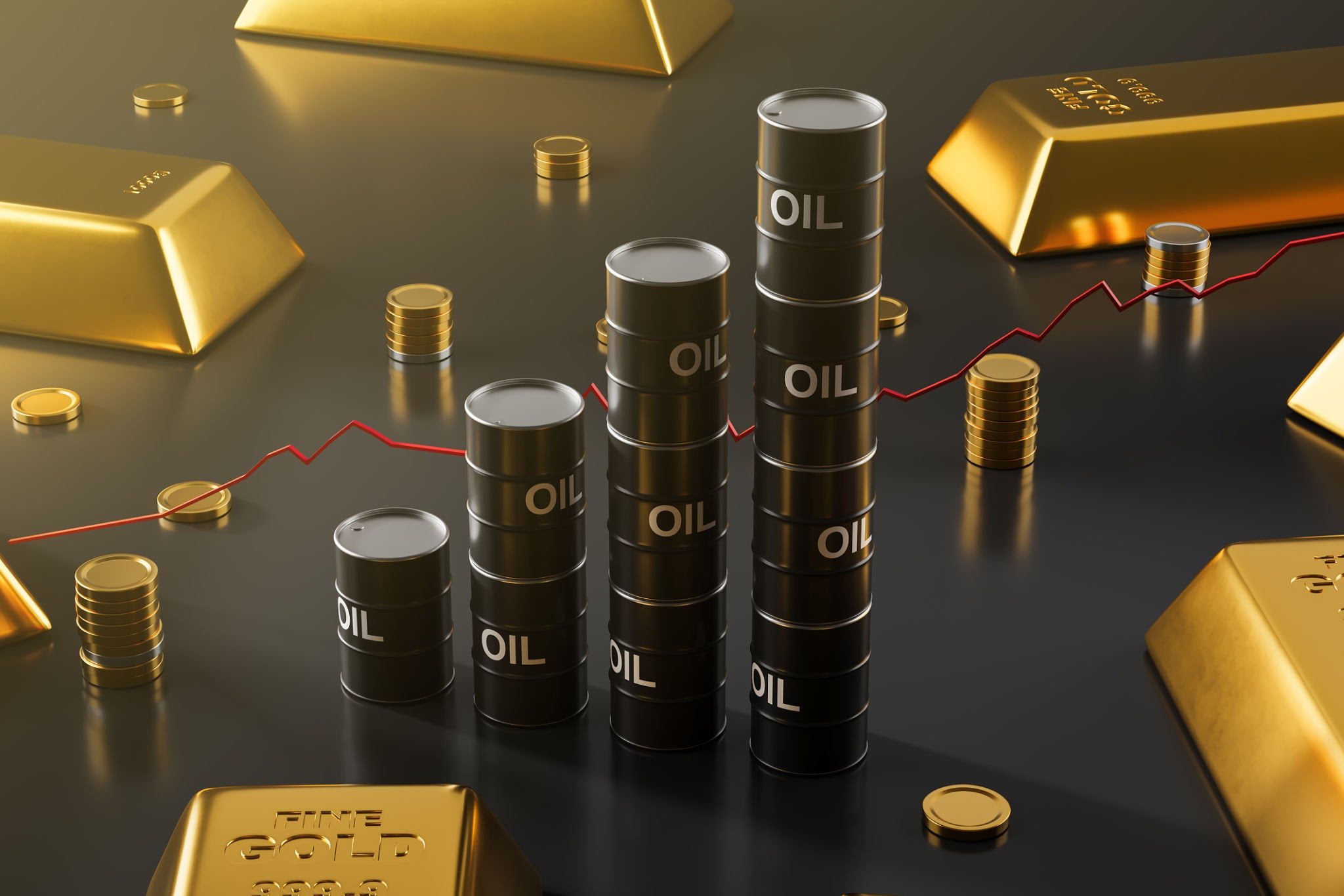 Stacked oil barrels beside gold bars with a rising price line, representing oil's influence on gold